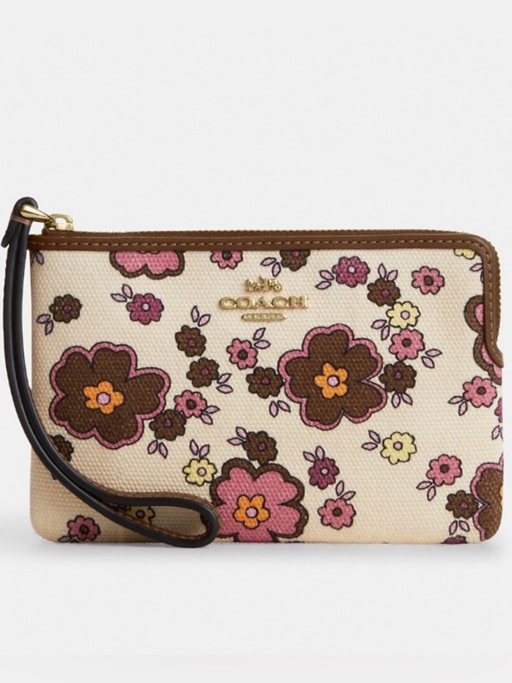 Coach Floral Zip Wristlet in Cream, Pink and Brown